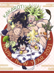 Rule 34 | 2021, 4boys, abs, animal costume, animal ears, animal print, arm around shoulder, bell, blonde hair, broly (dragon ball super), broly (dragon ball z), character name, cherry (cherrymoon26), chinese zodiac, collar, cow boy, cow costume, cow ears, cow horns, cow print, cow tail, dark-skinned male, dark skin, dragon ball, dragon ball super, facial scar, green hair, happy new year, highres, horns, male focus, multiple boys, muscular, muscular male, neck bell, new year, nipples, no pupils, pectorals, scar, scar on cheek, scar on face, short hair, son goku, spiked hair, stomach, super saiyan, super saiyan 1, tail, teeth, topless male, upper body, upper teeth only, year of the ox