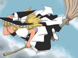 Rule 34 | 1girl, blonde hair, broom, broom riding, female focus, full body, hand on headwear, hat, holding, holding hat, kirisame marisa, onikobe rin, outdoors, profile, sky, solo, touhou, witch, witch hat