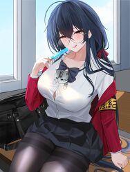 Rule 34 | 1girl, ahoge, armband, azur lane, bag, black bag, black bow, black bowtie, black hair, black pantyhose, black skirt, bow, bowtie, bra, bra visible through clothes, breasts, collared shirt, desk, food, grey cat, highres, holding, holding food, holding popsicle, huge ahoge, indoors, jacket, large breasts, long hair, long sleeves, looking at viewer, miniskirt, official alternate costume, on desk, open clothes, open jacket, pantyhose, pleated skirt, popsicle, red jacket, round eyewear, school bag, school desk, school uniform, shirt, shirt tucked in, sitting, on desk, skirt, smitcuk, solo, taihou (azur lane), taihou (sweet time after school) (azur lane), taut clothes, taut shirt, thighband pantyhose, underwear, very long hair, white bra, white shirt, window, yellow armband