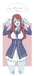 Rule 34 | 10s, 1girl, bandages, bandaged arm, bandaged leg, bandages, blue skin, bow, breasts, colored skin, closed eyes, highres, long hair, long sleeves, medium breasts, minamoto sakura, open mouth, polka dot, polka dot bow, red hair, scar, scar across eye, scar on face, scar on forehead, school uniform, smile, solo, sowitchraw (cellphiena), speech bubble, standing, text focus, translation request, waving, zombie, zombie land saga