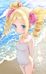 Rule 34 | 1girl, arms behind back, beach, beatrice (re:zero), blonde hair, blush, butterfly-shaped pupils, child, day, flat chest, from above, from side, hair ornament, hair ribbon, highres, legs together, long hair, looking away, one-piece swimsuit, parted bangs, re:zero kara hajimeru isekai seikatsu, ribbon, sand, school swimsuit, solo, standing, swept bangs, swimsuit, symbol-shaped pupils, tarunyan, white one-piece swimsuit