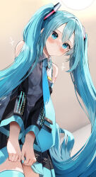 Rule 34 | 1girl, absurdres, bare shoulders, black skirt, black sleeves, blue eyes, blue hair, blue nails, blue necktie, blue thighhighs, blush, ceiling light, closed mouth, collared shirt, commentary, detached sleeves, dot mouth, grey shirt, hatsune miku, heart, heart in mouth, highres, indoors, long hair, long sleeves, nail polish, necktie, pentagon (railgun ky1206), pleated skirt, shirt, skirt, skirt hold, sleeveless, sleeveless shirt, solo, thighhighs, tie clip, translated, twintails, very long hair, vocaloid, wide sleeves