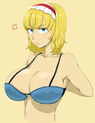Rule 34 | 1girl, alice margatroid, armpits, arms behind back, blonde hair, blue bra, blue eyes, bra, breasts, brown background, cleavage, collarbone, commentary request, daa (blame2212), frown, hairband, highres, large breasts, lips, lolita hairband, looking at viewer, simple background, strap gap, touhou, underboob, underwear, underwear only, upper body