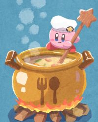 blue_background blue_eyes blush_stickers closed_mouth colored_skin cooking cooking_pot fire firewood food hat hat_ornament highres holding holding_ladle kirby kirby_(series) ladle miclot nintendo no_humans pink_skin simple_background smile soup star_(symbol) star_hat_ornament white_hat