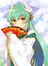 Rule 34 | 1girl, agsen, blush, closed mouth, dragon girl, dragon horns, fate/grand order, fate (series), green hair, hand fan, holding, holding fan, horns, japanese clothes, kiyohime (fate), long hair, looking at viewer, smile, solo, upper body, wide sleeves, yellow eyes