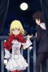 Rule 34 | 1boy, 1girl, absurdres, black hair, black jacket, black pants, blonde hair, blue eyes, blurry, blurry background, building, child, city, city lights, colorized, commentary, dot nose, dress, feet out of frame, from behind, full moon, gazing eye, haimura kiyotaka, hand on own hip, hand up, highres, jacket, kamijou touma, leivinia birdway, light blush, long sleeves, looking at another, looking to the side, medium hair, moon, night, night sky, outdoors, pants, parted lips, red thighhighs, short dress, short hair, sky, slit pupils, spiked hair, spoilers, standing, sweatdrop, teeth, thighhighs, third-party edit, toaru majutsu no index, toaru majutsu no index: new testament, white dress, white hood