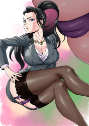 Rule 34 | 1girl, black hair, blazer, breasts, business suit, cameltoe, cleavage, cleft of venus, earrings, executive mishiro, formal, garter straps, green eyes, grey jacket, grey skirt, hand on own hip, high ponytail, highres, idolmaster, idolmaster cinderella girls, jacket, jewelry, lace, lace-trimmed legwear, lace trim, large breasts, crossed legs, long hair, matsuda shin, miniskirt, necklace, panties, pencil skirt, purple panties, skirt, skirt suit, suit, thighhighs, thighs, tight skirt, underwear, upskirt
