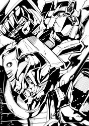 Rule 34 | 2boys, autobot, dated, decepticon, glowing, greyscale, kamizono (spookyhouse), machine, machinery, mecha, megatron, monochrome, multiple boys, no humans, open mouth, optimus prime, personification, robot, science fiction, standing, transformers, transformers armada