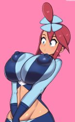 Rule 34 | 1girl, absurdres, artist name, blue gloves, blue shirt, bouncing breasts, breasts, breasts squeezed together, bright pupils, constricted pupils, covered erect nipples, creatures (company), crop top, dot mouth, drunkavocado, game freak, gloves, groin, gym leader, hair bun, hair ornament, hands on lap, highres, huge breasts, impossible clothes, impossible shirt, leaning back, lips, long hair, long sleeves, motion lines, nintendo, nipples, own hands together, patreon username, pink background, pokemon, pokemon bw, puffy nipples, red hair, shiny skin, shirt, sidelocks, simple background, single hair bun, skyla (pokemon), smile, solo, standing, swept bangs, thick eyebrows, upper body, white pupils