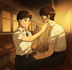 Rule 34 | 2boys, aged down, backlighting, belt, black pants, blouse, brown belt, brown hair, cassette player, closed mouth, collarbone, collared shirt, crying, crying with eyes open, dress shirt, earbuds, earphones, evangelion: 3.0+1.0 thrice upon a time, expressionless, eye contact, face-to-face, father and son, feet out of frame, fingernails, furrowed brow, glasses, grey eyes, hand grip, hands up, highres, holding, holding earphones, ikari gendou, ikari shinji, kneeling, light smile, looking at another, male focus, multiple boys, neon genesis evangelion, pants, parted lips, profile, rebuild of evangelion, rott ur, school uniform, seat, shadow, shirt, short sleeves, sitting, sunlight, tears, time paradox, tokyo-3 middle school uniform, train interior, undershirt, white shirt, window