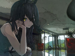 Rule 34 | 1girl, ahoge, animal ears, bare arms, bare shoulders, black hair, ci4, closed mouth, commentary request, door, earrings, flower pot, hair between eyes, hair over eyes, hand on own cheek, hand on own face, hand on table, hand up, head rest, highres, horse ears, horse girl, indoors, jewelry, long bangs, long hair, looking at viewer, manhattan cafe (umamusume), nail polish, pink nails, plant, potted plant, reflection, scenery, shirt, single earring, sleeveless, solo, table, umamusume, upper body, yellow eyes