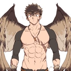 Rule 34 | 1boy, abs, bara, bare pectorals, brown hair, check copyright, copyright request, facial scar, feathered wings, feathers, hachikou nameko, harpy boy, male focus, monster boy, muscular, muscular male, navel, nipples, open fly, original, pectorals, pubic hair, pubic hair peek, scar, scar on cheek, scar on chest, scar on face, short hair, shrug (clothing), sideburns, solo, spread wings, stomach, toned, toned male, upper body, wings