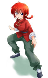 Rule 34 | 1girl, blue eyes, braid, braided ponytail, breasts, chinese clothes, full body, genderswap, genderswap (mtf), loafers, long hair, open mouth, ranma-chan, ranma 1/2, red hair, saotome ranma, shoes, single braid, solo, tangzhuang, unya