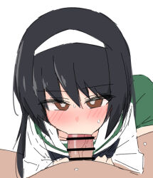 1boy 1girl ame_(amechan17391739) black_hair blush brown_eyes censored fellatio girls_und_panzer hetero looking_at_viewer ooarai_school_uniform oral penis pov reizei_mako sweat