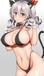 Rule 34 | 1girl, alternate costume, animal ear fluff, animal ears, bikini, black bikini, blue eyes, blush, breasts, cat ears, cat girl, cat tail, gloves, gradient background, hair between eyes, hamaguri (hamaguri1234), highleg, highleg bikini, highleg swimsuit, highres, kantai collection, kashima (kancolle), large breasts, long hair, looking at viewer, paw pose, sidelocks, silver hair, smile, solo, swimsuit, tail, twintails, wavy hair, white gloves