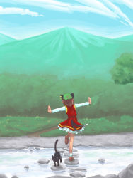 Rule 34 | 1girl, animal ears, brown hair, cat, cat ears, cat tail, chen, earrings, female focus, forest, green hat, hat, highres, jewelry, landscape, monolith, mountain, multiple tails, nature, outdoors, outstretched arms, plant, river, scenery, skirt, sky, solo, spread arms, tail, touhou, two tails