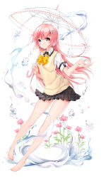 Rule 34 | 1girl, bare legs, barefoot, bow, flower, hair flower, hair ornament, juna, long hair, original, outstretched hand, pigeon-toed, pink eyes, pink hair, school uniform, skirt, solo, sweater vest, water
