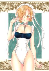Rule 34 | 1girl, adapted costume, arm at side, azur lane, blue background, braid, breasts, chain, cleavage, collar, collarbone, cross, eyes visible through hair, french braid, hair over one eye, hair ribbon, hand up, highleg, inverted cross, looking at viewer, maid headdress, marker (medium), medium breasts, metal collar, orange eyes, orange hair, paisley, parted lips, ribbon, rotkappchen388859, sheffield (azur lane), solo, sparkle, swimsuit, traditional media, tsurime, white background, white ribbon