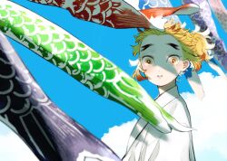 Rule 34 | 1boy, blonde hair, blue sky, colored tips, day, floating hair, forked eyebrows, from side, highres, japanese clothes, kimetsu no yaiba, kimono, koinobori, looking at viewer, looking to the side, male focus, multicolored hair, ohagigaumai, parted lips, ponytail, red hair, rengoku senjurou, short hair, sky, solo, streaked hair, surprised, upper body, white kimono, wide-eyed, wind, windsock