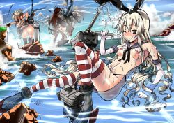 Rule 34 | 10s, 3girls, anchor, black panties, blonde hair, breasts, brown hair, budget sarashi, damaged, dark-skinned female, dark skin, elbow gloves, giant, giantess, glasses, gloves, hairband, headgear, highres, kantai collection, large breasts, lighthouse, long hair, multiple girls, musashi (kancolle), nanokah2, navel, nipples, panties, ponytail, rensouhou-chan, sarashi, sexually suggestive, shimakaze (kancolle), short hair, smoke, striped clothes, striped legwear, striped thighhighs, thighhighs, torn clothes, turret, twintails, two side up, underwear, very long hair, white gloves, yamato (kancolle)