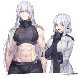 Rule 34 | 2girls, abs, ak-15 (girls&#039; frontline), asymmetrical bangs, belt, biceps, black gloves, black shirt, blunt ends, blush, breasts, center-flap bangs, chinese commentary, coat, commentary, crop top, crossed arms, dated, girls&#039; frontline, gloves, glowing, glowing eyes, hair over one eye, hand up, highres, large breasts, laughing, looking at viewer, lower teeth only, mask, medium hair, multiple girls, muscular, muscular female, one eye covered, open clothes, open coat, open mouth, rpk-16 (girls&#039; frontline), serious, shirt, signature, teeth, unworn mask, upper body, white coat, white hair, wide sleeves, zocehuy
