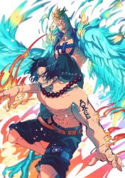 Rule 34 | 2boys, aktrks01, arm tattoo, bead necklace, beads, black hair, black shorts, blonde hair, blue fire, blue wings, chest tattoo, feathered wings, fighting, fire, hands up, highres, jewelry, male focus, marco (one piece), multiple boys, necklace, one piece, open mouth, parted bangs, portgas d. ace, short hair, shorts, signature, smile, tattoo, topless male, wings