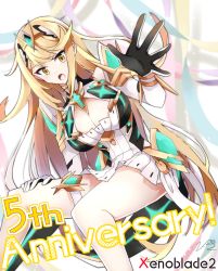 Rule 34 | 1girl, anniversary, blonde hair, breasts, circlet, cleavage, elbow gloves, gloves, hikouki (umiko003), large breasts, long hair, looking at viewer, mythra (xenoblade), open hand, open mouth, solo, thigh strap, thighs, very long hair, xenoblade chronicles (series), xenoblade chronicles 2, yellow eyes