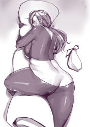 Rule 34 | 1girl, ass, breasts, butt crack, catsuit, curvy, elf, ganto, gradient background, large breasts, latex, latex suit, long hair, monochrome, plump, pointy ears, solo, tagme, thick thighs, thighs, wide hips