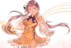 Rule 34 | 1girl, beamed quavers, bow, bracelet, breasts, brown dress, chain, collar, covered erect nipples, cowboy shot, dress, flower, frilled collar, frilled dress, frilled shirt collar, frilled sleeves, frills, gradient background, hair flower, hair ornament, highres, instrument, jewelry, kagari6496, large breasts, lips, long hair, looking to the side, lute (instrument), musical note, pink background, ponytail, purple eyes, purple hair, quaver, short hair, side slit, sleeveless, sleeveless dress, smile, solo, split ponytail, taut clothes, taut dress, teeth, thighs, touhou, treble clef, tsukumo benben, white background
