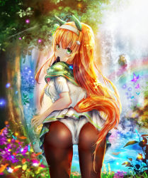 Rule 34 | 1girl, animal ears, ass, bad id, bad pixiv id, blush, brown pantyhose, bug, butterfly, day, ear covers, flower, green eyes, hair ornament, hairband, highres, horse ears, horse girl, horse tail, insect, long hair, looking at viewer, luminous, mouth hold, orange hair, outdoors, pantyhose, silence suzuka (umamusume), skirt, solo, sunlight, tail, tree, umamusume, water, white skirt