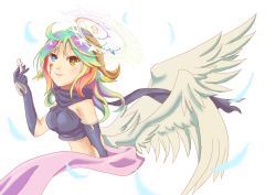 Rule 34 | 1girl, ahoge, artist request, azriel (no game no life), blue eyes, breasts, chess piece, cross, facial tattoo, feathered wings, gloves, gradient hair, green hair, halo, long hair, low wings, magic circle, medium breasts, midriff, multicolored hair, no game no life, open mouth, pawn (chess), smile, solo, symbol-shaped pupils, tattoo, white wings, wing ears, wings, yellow eyes