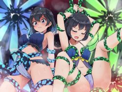 Rule 34 | 2girls, absurdres, antennae, armpits, arms up, babydoll, bare arms, bare legs, black hair, blue eyes, bra, breasts, cellien (kemono friends), closed eyes, collarbone, commentary request, frilled bra, frilled panties, frills, front slit, head wings, highres, imminent rape, kemono friends, large breasts, lingerie, multiple girls, navel, open mouth, panties, pussy juice, restrained, shiraha maru, short hair, spread legs, superb bird-of-paradise (kemono friends), tears, tentacles, tentacles under clothes, underwear, underwear only, western parotia (kemono friends), wings