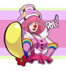 Rule 34 | 1girl, absurdres, ace attorney, balloon flower, balloon sword, breasts, choker, clown girl, clown nose, english text, flower, geiru toneido, gloves, grey eyes, hand on own hip, highres, long hair, medium breasts, multicolored clothes, open mouth, outline, phoenix wright: ace attorney - spirit of justice, pink gloves, pink hair, rainbow, red flower, shadow, shoulder pads, signature, simple background, solo, sound effects, suspenders, upper body, vampaniki, white outline