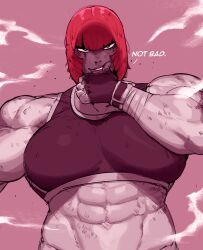 Rule 34 | 1girl, abs, black sports bra, bleeding, blood, breasts, bruise, bruise on face, capcom, commentary, english commentary, fingerless gloves, gloves, grin, hand wraps, highres, injury, krekkov, large breasts, lips, marisa (street fighter), midriff, muscular, muscular female, nosebleed, pink background, red hair, serious, short hair, simple background, smile, smoke, solo, sports bra, street fighter, street fighter 6, upper body