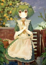 Rule 34 | 1girl, absurdres, apron, arms up, boots, brick wall, brown footwear, cloud, cloudy sky, commentary request, cross-laced footwear, day, dress, ekaapetto, expressionless, food, frilled skirt, frills, fruit, gate, green dress, green hair, hair bobbles, hair ornament, highres, hose, leaf, looking at viewer, maid, maid apron, maid headdress, necktie, orange (fruit), orange eyes, orange necktie, orange tree, original, outdoors, own hands together, plant, potted plant, short hair, skirt, sky, solo, sprayer, standing, tree, two side up, watering can
