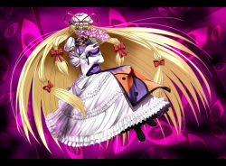 Rule 34 | 1girl, big hair, blonde hair, bow, breasts, crossed arms, female focus, folding fan, full body, gloves, hair bow, hand fan, hat, huge breasts, letterboxed, long hair, looking at viewer, multiple hair bows, nyamota, pink background, red eyes, solo, touhou, very long hair, white gloves, yakumo yukari