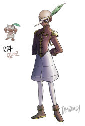 Rule 34 | 1boy, arms behind back, bald, brown footwear, brown jacket, closed mouth, commentary, creatures (company), eye mask, full body, game freak, gen 3 pokemon, highres, jacket, leaf, male focus, mask, masquerade mask, nintendo, nuzleaf, pants, personification, pokemon, pokemon (creature), reference inset, signature, simple background, standing, tamtamdi, translated, white background, white pants