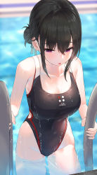 Rule 34 | 1girl, black hair, black one-piece swimsuit, blush, breasts, climbing, collarbone, competition swimsuit, day, groin, hair bun, hair ribbon, highleg, highleg swimsuit, highres, kfr, large breasts, long hair, looking down, one-piece swimsuit, open mouth, original, outdoors, pool ladder, poolside, purple eyes, ribbon, sidelocks, single hair bun, solo, swimsuit, wet
