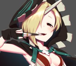 Rule 34 | 1girl, bags under eyes, blonde hair, breasts, cape, claw (weapon), cosplay, fingerless gloves, gloves, grey background, guilty gear, guilty gear xrd, hair over one eye, highres, hood, horns, jewelry, kuroshiro (ms-2420), licking, licking blade, licking weapon, raven (guilty gear), raven (guilty gear) (cosplay), red eyes, ring, shirasaka koume, short hair, single horn, small breasts, solo, suspenders, tongue, upper body, weapon
