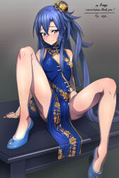 Rule 34 | 1girl, blue dress, blue eyes, blue footwear, blue hair, blush, breasts, center opening, china dress, chinese clothes, closed mouth, commission, covered erect nipples, covering crotch, covering privates, dress, embarrassed, full body, hair between eyes, hat, kazanari tsubasa, knees up, long bangs, long hair, medium breasts, mini hat, no panties, on table, ponytail, senki zesshou symphogear, signature, simple background, sitting, sleeveless, sleeveless dress, solo, spread legs, table, uganda (ugandam 00), very long hair