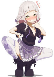 Rule 34 | 1girl, absurdres, arched bangs, blush, boots, braid, full body, grey hair, grin, highres, hololive, long hair, loose necktie, lunch boxer, murasaki shion, murasaki shion (school uniform), necktie, open clothes, open shirt, partially unbuttoned, plaid, plaid skirt, side braid, simple background, skirt, smile, solo, squatting, sweat, thighhighs, virtual youtuber, white background, yellow eyes, zettai ryouiki