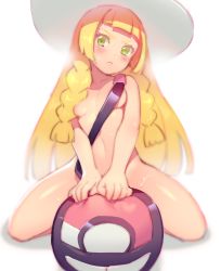 Rule 34 | &gt;:&lt;, 1girl, :&lt;, absurdres, bag, blonde hair, blurry, blush, braid, closed mouth, convenient censoring, creatures (company), depth of field, duffel bag, fiodo, game freak, green eyes, hair censor, hat, highres, lillie (pokemon), long hair, looking at viewer, navel, nintendo, nude, pokemon, pokemon sm, sketch, solo, straddling, sun hat, twin braids, v-shaped eyebrows