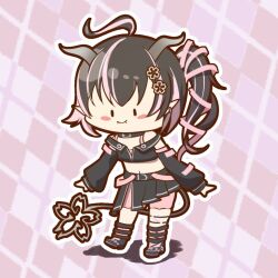 Rule 34 | 1girl, ahoge, argyle, argyle background, argyle clothes, belt, belt collar, black belt, black footwear, black hair, black jacket, black skirt, black sleeves, bloomers, blush, bra, chibi, closed mouth, collar, commentary request, cropped jacket, demon girl, demon horns, demon tail, detached sleeves, earrings, fangs, fangs out, flat chest, flower, full body, grey horns, hair flower, hair ornament, hair ribbon, horns, ito mofumofu, jacket, jewelry, long hair, long sleeves, midriff, multicolored hair, nanashi inc., navel, o-ring, o-ring thigh strap, off shoulder, oinomori may, oinomori may (1st costume), one side up, open clothes, open jacket, outline, pink background, pink bloomers, pink bra, pink hair, pink ribbon, pink socks, pleated skirt, pointy ears, ribbon, shoes, single earring, skirt, sleeveless, sleeveless jacket, smile, socks, solid oval eyes, solo, sugar lyric, tail, thigh strap, two-tone hair, underwear, virtual youtuber, white outline
