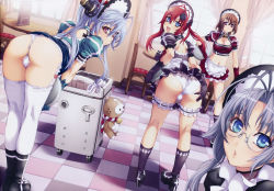 Rule 34 | 4girls, absurdres, ahoge, alternate costume, antenna hair, apron, ass, bent over, black gloves, black socks, blue eyes, blue hair, boots, breasts, bridal garter, brown hair, chair, checkered floor, cleavage, cleavage cutout, clothing cutout, collarbone, dress, elbow gloves, enmaided, fang, from behind, full body, garter straps, glasses, gloves, gotou matabei, hair between eyes, hair ornament, hand on own ass, hand on own hip, hat, hattori hanzou (hyakka ryouran), highres, huge filesize, hyakka ryouran samurai girls, incredibly absurdres, katana, kneehighs, large breasts, legs, long hair, looking at viewer, looking back, maid, maid apron, maid headdress, midriff, multiple girls, navel, nishii (damnedrive), official art, one side up, panties, pleated dress, ponytail, puffy sleeves, purple eyes, red hair, scan, shoes, short dress, short hair, short sleeves, sidelocks, silver hair, skirt, socks, standing, stuffed animal, stuffed toy, sword, table, thighhighs, thong, tokugawa sen, tray, twintails, underwear, waist apron, weapon, wedgie, white legwear, white panties, window, yagyuu juubei (hyakka ryouran)
