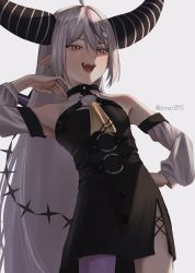 Rule 34 | 1girl, bare shoulders, black dress, blush, commentary, cowboy shot, demon girl, demon horns, detached sleeves, dona1875, dress, fang, flat chest, grin, hand in own hair, highres, hololive, horns, huge horns, la+ darknesss, long hair, multicolored hair, open mouth, pointy ears, purple hair, shaded face, shadow, short dress, silver hair, sleeveless, sleeveless dress, smile, smug, solo, standing, striped horns, tail, teeth, thighs, very long hair, virtual youtuber, yellow eyes