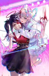 Rule 34 | 2girls, ame-chan (needy girl overdose), black eyes, black hair, black nails, black ribbon, blood, blood in hair, blood on face, blood stain, blue hair, blue nails, bow, chouzetsusaikawa tenshi-chan, cowboy shot, cropped legs, dual persona, expressionless, glitch, hair bow, hair ornament, halo, hand on another&#039;s face, heart, highres, holding hands, holographic clothing, injury, long hair, looking at another, medium hair, multicolored hair, multicolored nails, multiple girls, multiple hair bows, nail polish, neck ribbon, needy girl overdose, open mouth, oz-xy, parted lips, pin, pink hair, pink nails, pleated skirt, quad tails, red nails, ribbon, sailor collar, school uniform, serafuku, silver hair, skirt, slit wrist, suspender skirt, suspenders, suspenders slip, twintails, very long hair, x hair ornament