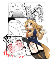 Rule 34 | !?, 1boy, 1girl, accidental exposure, arknights, bird tail, black panties, black skirt, black thighhighs, blonde hair, blush, bracelet, breasts, brown eyes, clothes lift, comic, embarrassed, frontal wedgie, full-face blush, furry, furry male, garter straps, jewelry, large breasts, long hair, long sleeves, mountain (arknights), open mouth, panties, parted lips, partially visible vulva, pinecone (arknights), scar, scar on face, seto tinami, shoulder spikes, skirt, skirt lift, sleeves past wrists, spiked bracelet, spikes, spoken interrobang, suspender skirt, suspenders, sweater, tail, thighhighs, turtleneck, turtleneck sweater, underwear, wedgie, yellow sweater