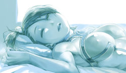 Rule 34 | 1girl, bare shoulders, beads, blue theme, breasts, futami ami, hair beads, hair bobbles, hair ornament, idolmaster, idolmaster (classic), kousaku, looking at viewer, lying, monochrome, on back, on bed, one eye closed, open mouth, parted lips, pillow, side ponytail, sleeveless, solo, waking up