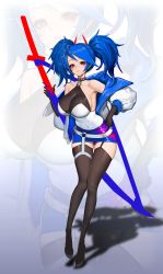 Rule 34 | 1girl, absurdres, bare shoulders, black footwear, black gloves, black thighhighs, blue hair, breasts, cleavage, closed mouth, collar, commentary request, covered navel, doha skylightscent, expressionless, forehead, full body, garter straps, gloves, hand on own hip, high heels, highres, holding, holding weapon, horns, jacket, knees together feet apart, large breasts, leaning forward, looking at viewer, miniskirt, mole, mole under eye, off shoulder, original, puffy sleeves, red eyes, sagging breasts, shadow, skirt, solo, spiked collar, spikes, thigh gap, thighhighs, thighs, twintails, weapon