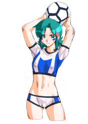 Rule 34 | 1girl, arms up, ball, covered erect nipples, green eyes, green hair, hair ornament, hairclip, holding, holding ball, kozue hinako, looking at viewer, midriff, navel, pubic hair, qkat (arikawa-dou), simple background, smile, solo, super real mahjong, teeth, white background
